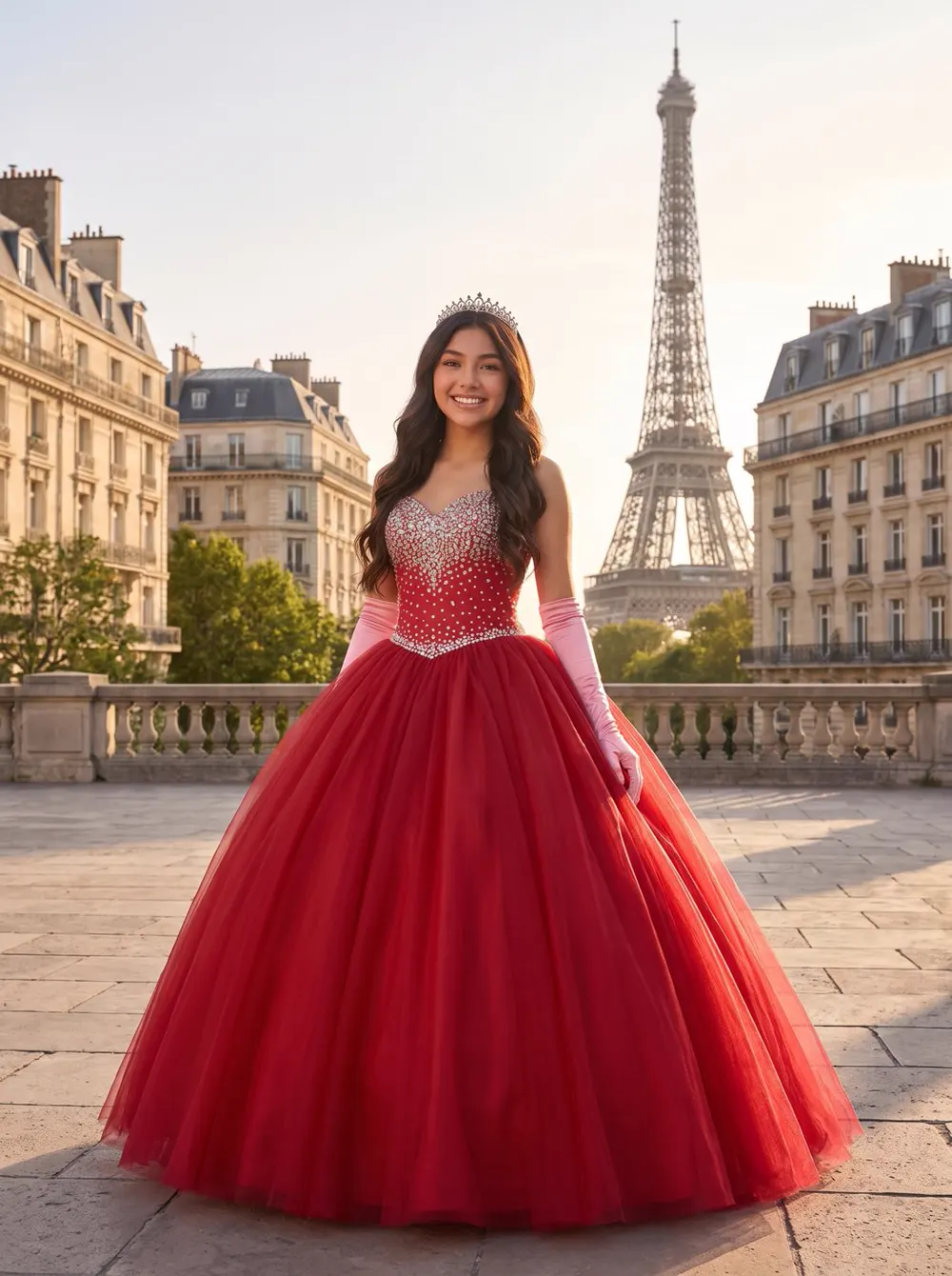Una quinceañera con vestido rojo frente a la torre Eiffel.